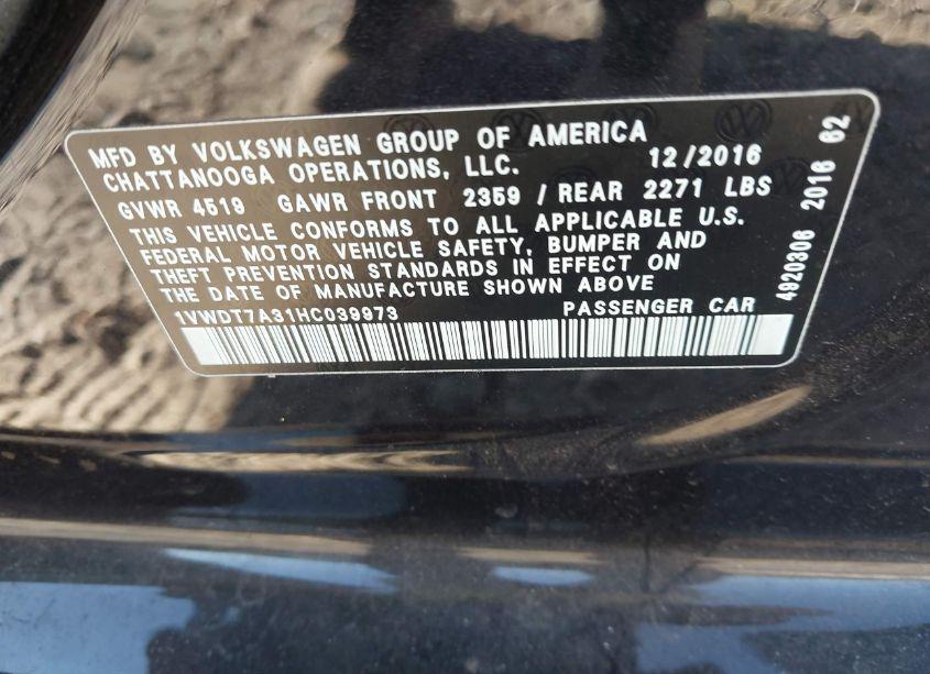 Photo 9 of 2017 Volkswagen Passat 1.8T R-LINE (VIN 1VWDT7A31HC039973)