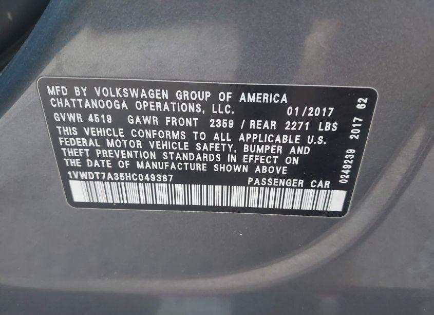 Photo 9 of 2017 Volkswagen Passat 1.8T R-LINE (VIN 1VWDT7A35HC049387)