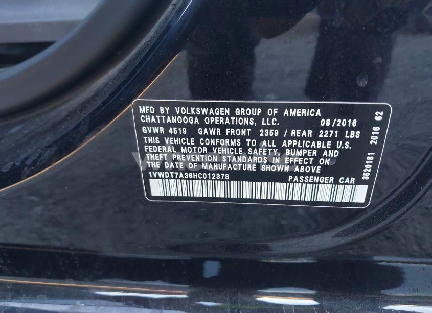 Photo 9 of 2017 Volkswagen Passat 1.8T R-LINE (VIN 1VWDT7A36HC012378)
