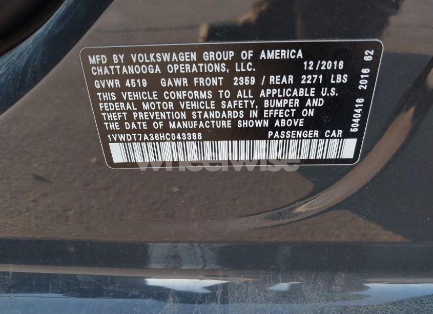 Photo 9 of 2017 Volkswagen Passat 1.8T R-LINE (VIN 1VWDT7A36HC043386)