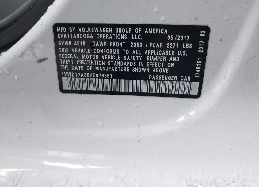 Photo 9 of 2017 Volkswagen Passat 1.8T R-LINE (VIN 1VWDT7A36HC076551)