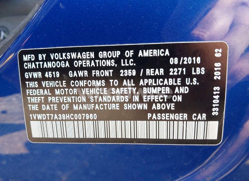 Photo 9 of 2017 Volkswagen Passat 1.8T R-LINE (VIN 1VWDT7A38HC007960)