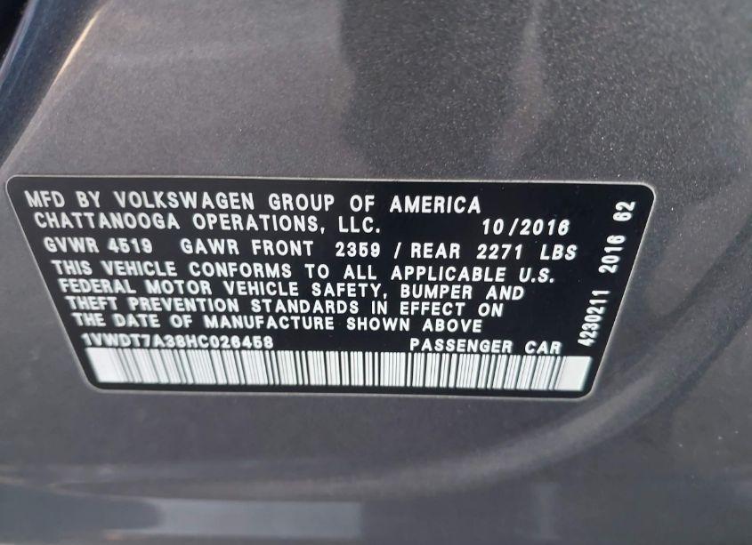 Photo 9 of 2017 Volkswagen Passat 1.8T R-LINE (VIN 1VWDT7A38HC026458)