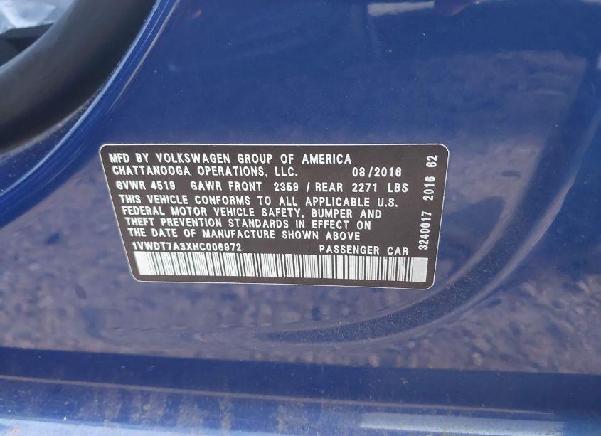 Photo 9 of 2017 Volkswagen Passat 1.8T R-LINE (VIN 1VWDT7A3XHC006972)