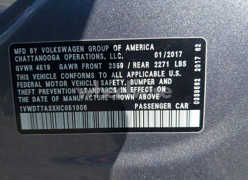 Photo 9 of 2017 Volkswagen Passat 1.8T R-LINE (VIN 1VWDT7A3XHC051006)