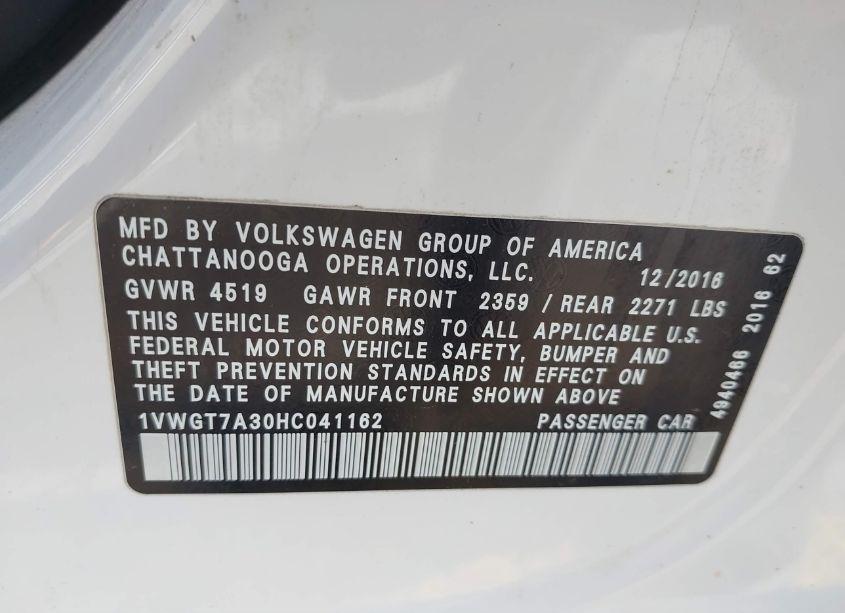 Photo 9 of 2017 Volkswagen Passat 1.8T SE (VIN 1VWGT7A30HC041162)