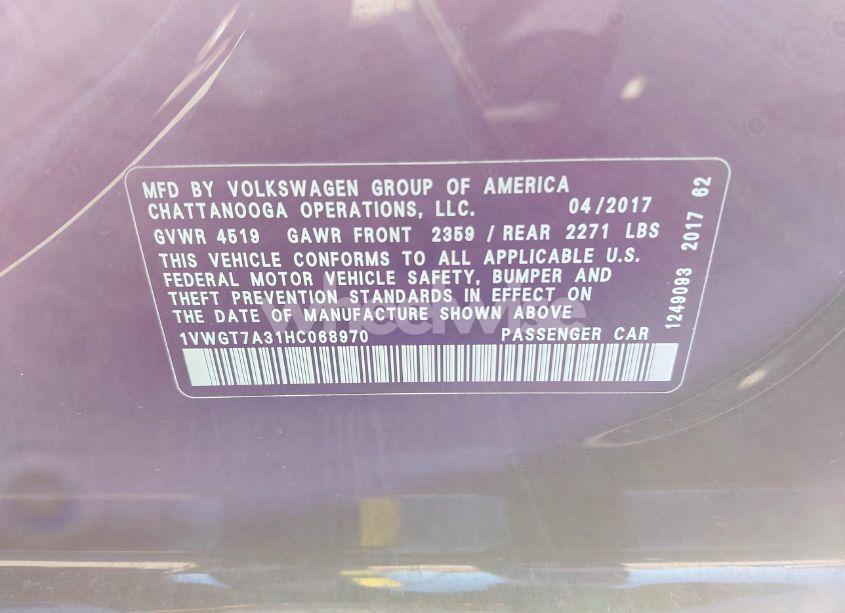 Photo 9 of 2017 Volkswagen Passat 1.8T SE (VIN 1VWGT7A31HC068970)