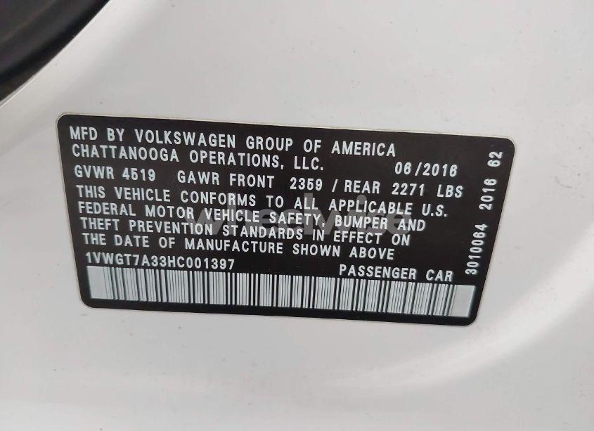 Photo 9 of 2017 Volkswagen Passat 1.8T SE (VIN 1VWGT7A33HC001397)