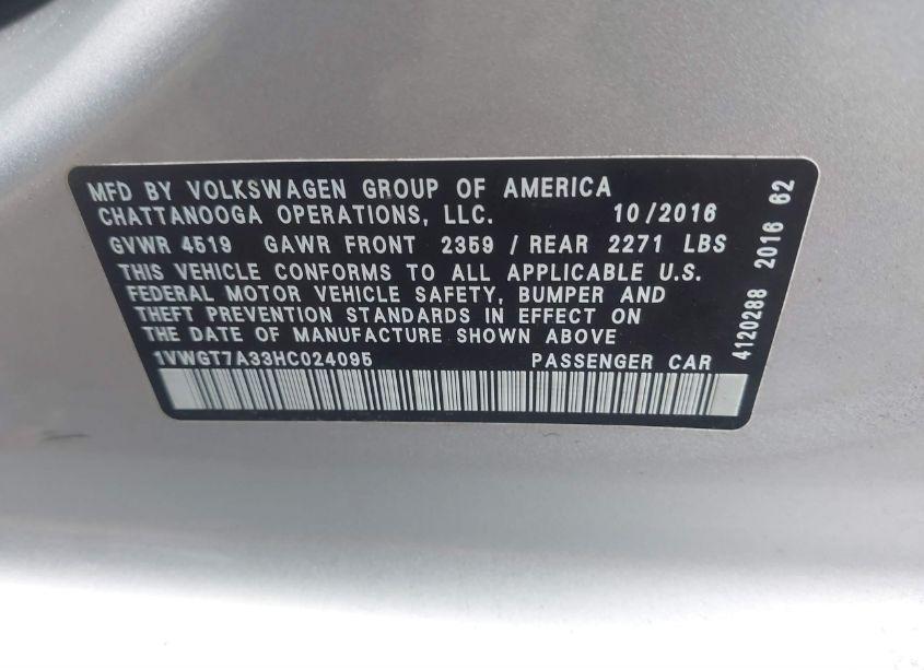 Photo 9 of 2017 Volkswagen Passat 1.8T SE (VIN 1VWGT7A33HC024095)