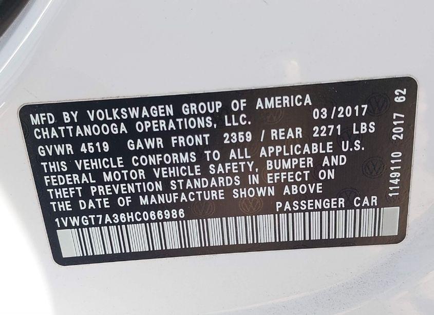 Photo 9 of 2017 Volkswagen Passat 1.8T SE (VIN 1VWGT7A36HC066986)