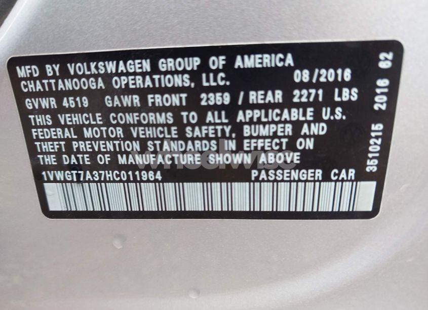 Photo 9 of 2017 Volkswagen Passat 1.8T SE (VIN 1VWGT7A37HC011964)