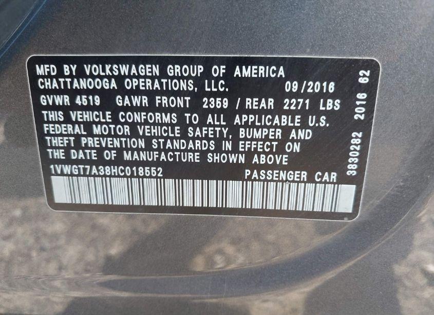 Photo 9 of 2017 Volkswagen Passat 1.8T SE (VIN 1VWGT7A38HC018552)