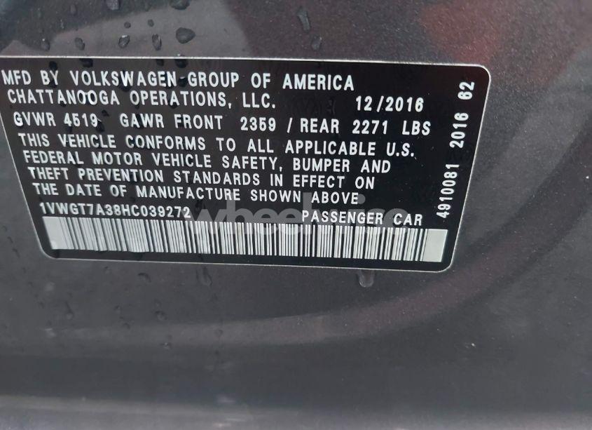 Photo 9 of 2017 Volkswagen Passat 1.8T SE (VIN 1VWGT7A38HC039272)