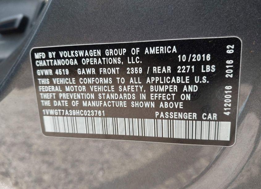 Photo 9 of 2017 Volkswagen Passat 1.8T SE (VIN 1VWGT7A39HC023761)
