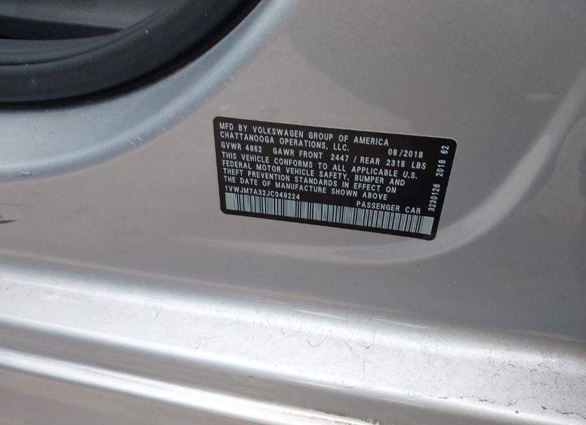 Photo 9 of 2018 Volkswagen Passat 3.6L V6 GT (VIN 1VWJM7A32JC049224)