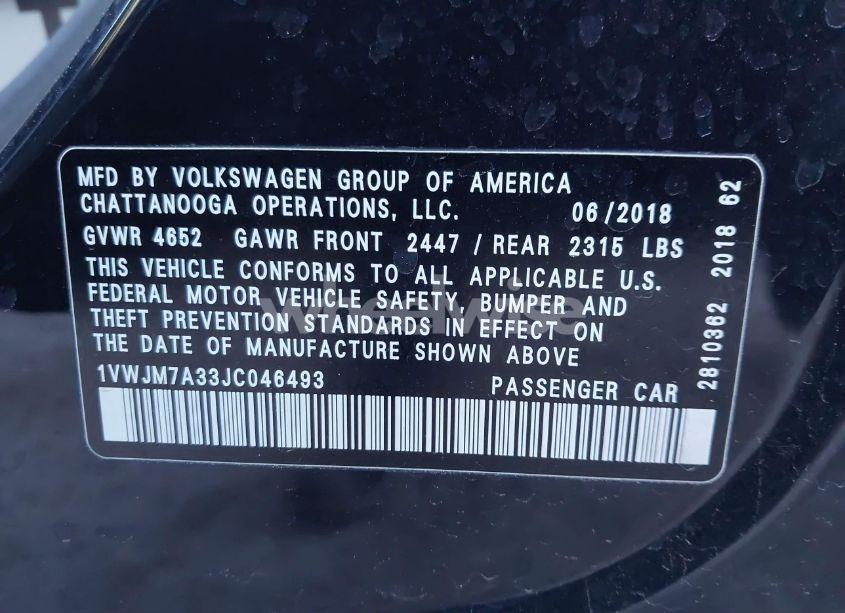 Photo 9 of 2018 Volkswagen Passat 3.6L V6 GT (VIN 1VWJM7A33JC046493)