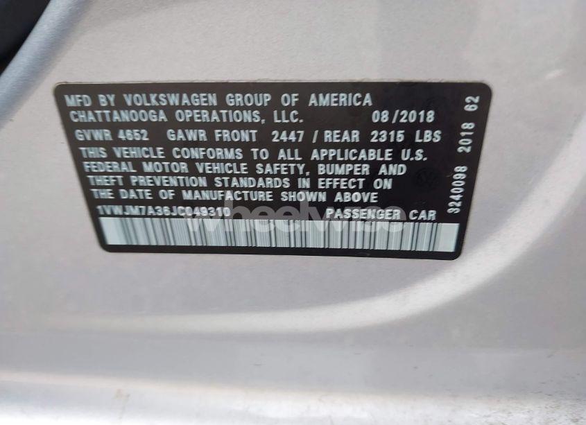 Photo 9 of 2018 Volkswagen Passat 3.6L V6 GT (VIN 1VWJM7A36JC049310)
