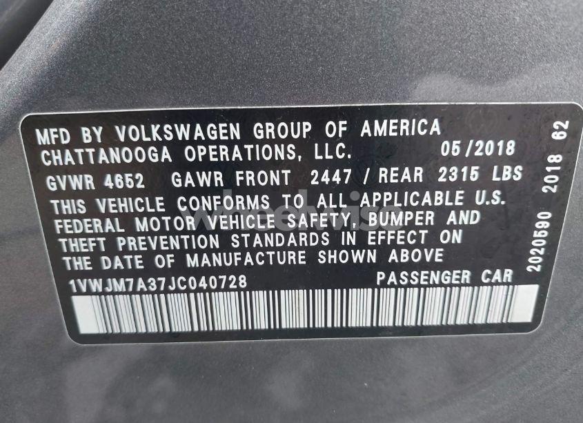 Photo 9 of 2018 Volkswagen Passat 3.6L V6 GT (VIN 1VWJM7A37JC040728)