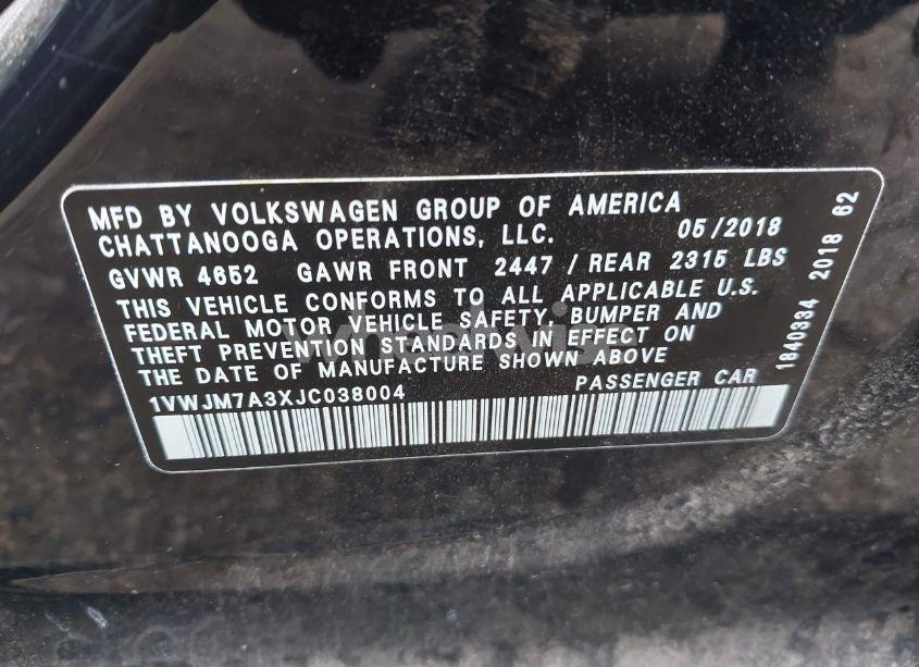 Photo 9 of 2018 Volkswagen Passat 3.6L V6 GT (VIN 1VWJM7A3XJC038004)