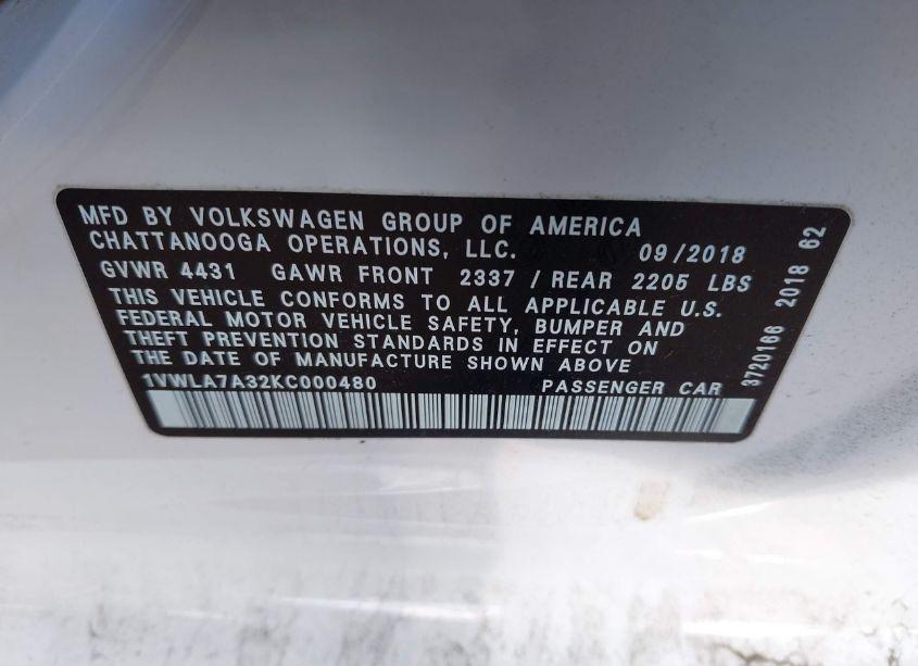 Photo 9 of 2019 Volkswagen Passat 2.0T WOLFSBURG EDITION (VIN 1VWLA7A32KC000480)