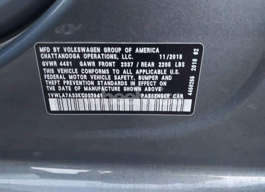 Photo 9 of 2019 Volkswagen Passat 2.0T WOLFSBURG EDITION (VIN 1VWLA7A33KC007941)