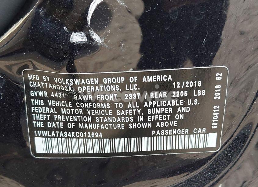 Photo 9 of 2019 Volkswagen Passat 2.0T WOLFSBURG EDITION (VIN 1VWLA7A34KC012694)