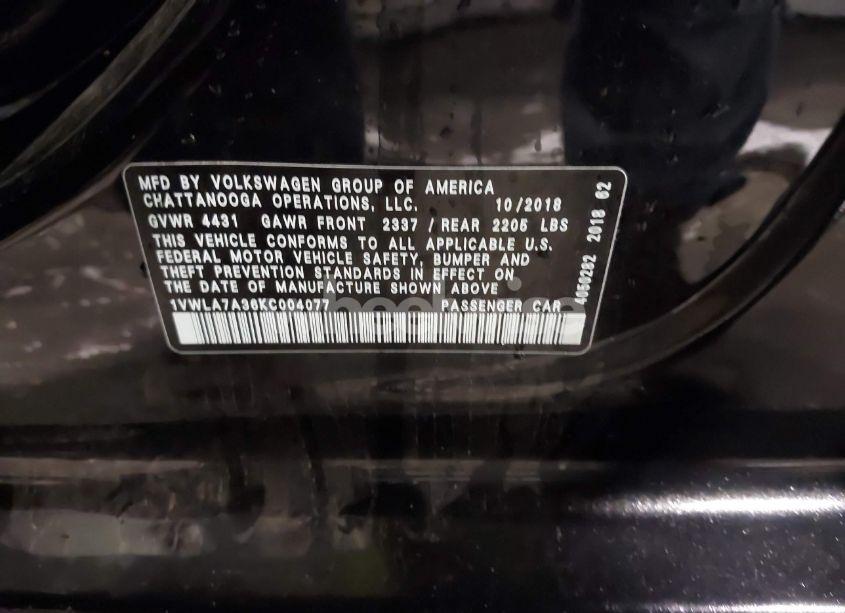 Photo 9 of 2019 Volkswagen Passat 2.0T WOLFSBURG EDITION (VIN 1VWLA7A36KC004077)