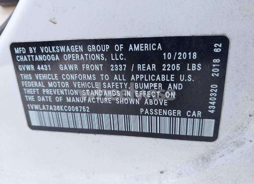 Photo 9 of 2019 Volkswagen Passat 2.0T WOLFSBURG EDITION (VIN 1VWLA7A36KC006752)