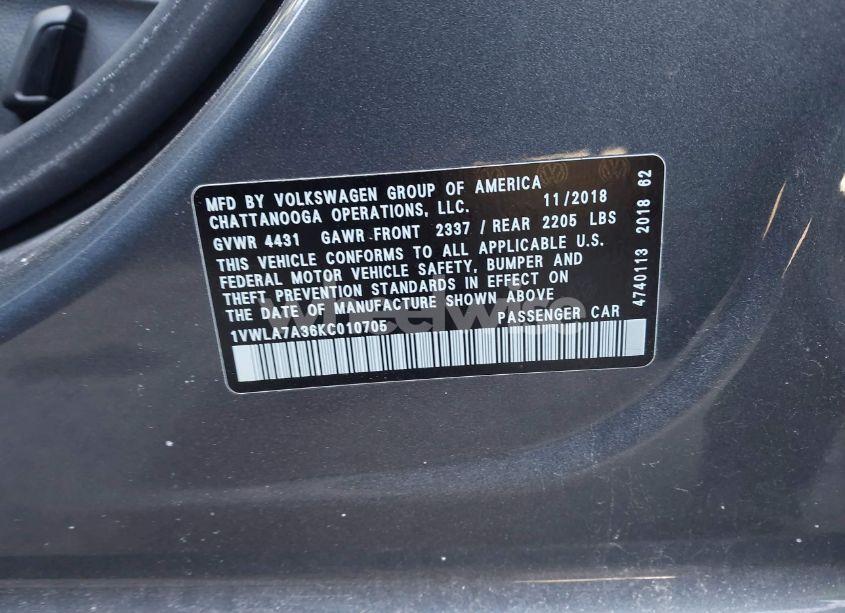 Photo 9 of 2019 Volkswagen Passat 2.0T WOLFSBURG EDITION (VIN 1VWLA7A36KC010705)