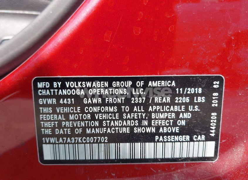 Photo 9 of 2019 Volkswagen Passat 2.0T WOLFSBURG EDITION (VIN 1VWLA7A37KC007702)