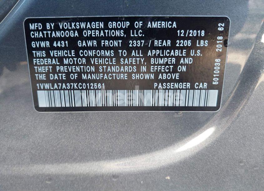 Photo 9 of 2019 Volkswagen Passat 2.0T WOLFSBURG EDITION (VIN 1VWLA7A37KC012561)