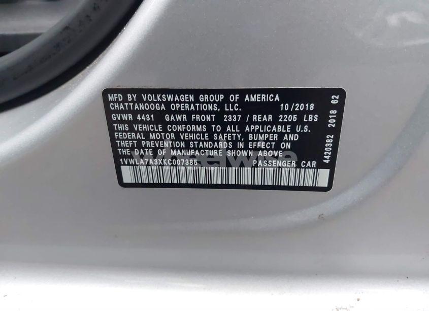 Photo 9 of 2019 Volkswagen Passat 2.0T WOLFSBURG EDITION (VIN 1VWLA7A3XKC007385)