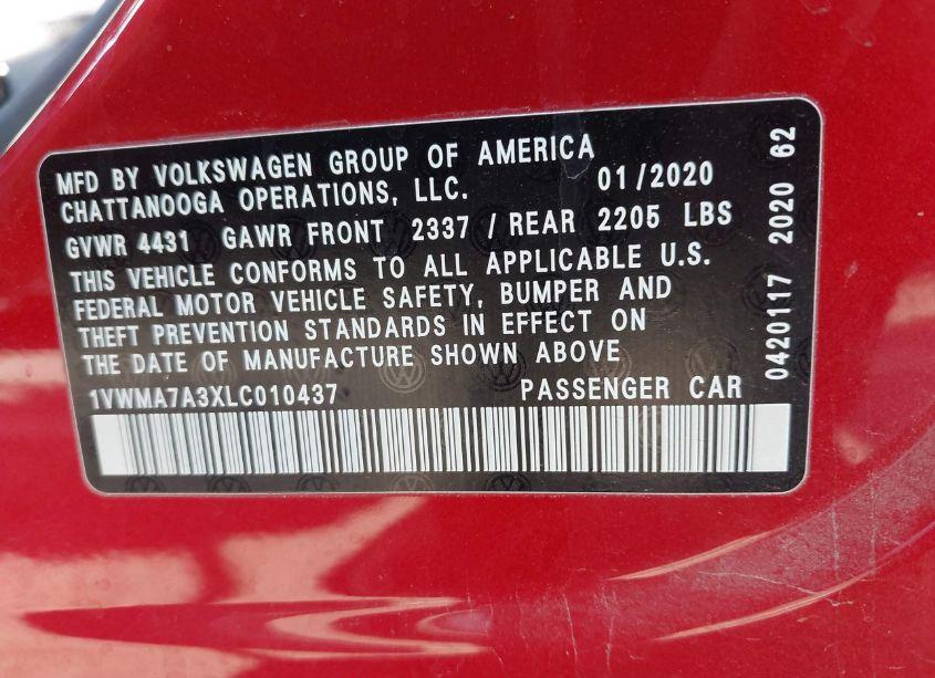Photo 9 of 2020 Volkswagen Passat 2.0T R-LINE (VIN 1VWMA7A3XLC010437)