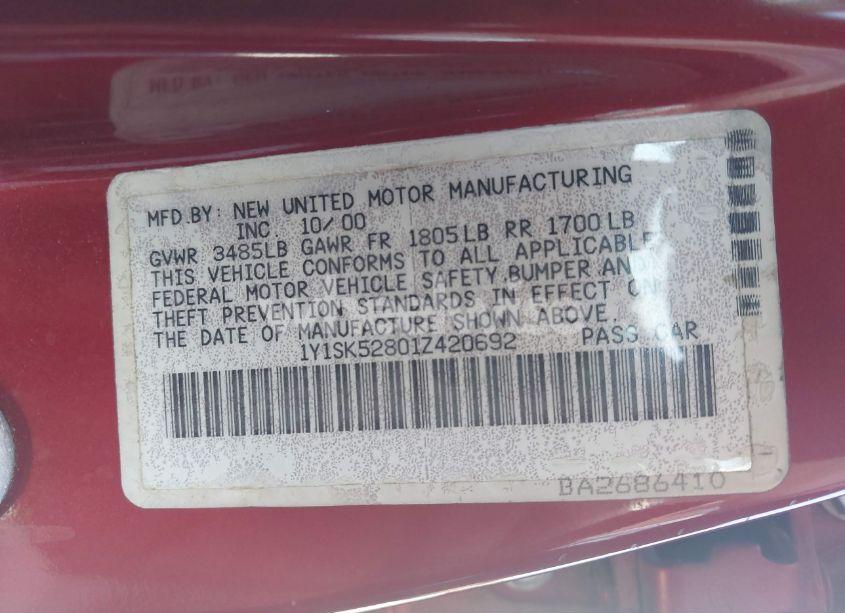 Photo 9 of 2001 Chevrolet Prizm (VIN 1Y1SK52801Z420692)