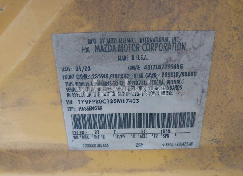 Photo 9 of 2003 Mazda Mazda6 I (VIN 1YVFP80C135M17403)