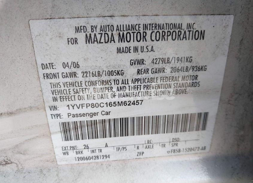 Photo 9 of 2006 Mazda Mazda6 I (VIN 1YVFP80C165M62457)