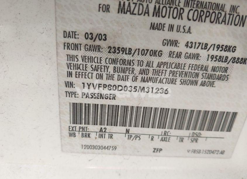 Photo 9 of 2003 Mazda Mazda6 S (VIN 1YVFP80D035M31236)