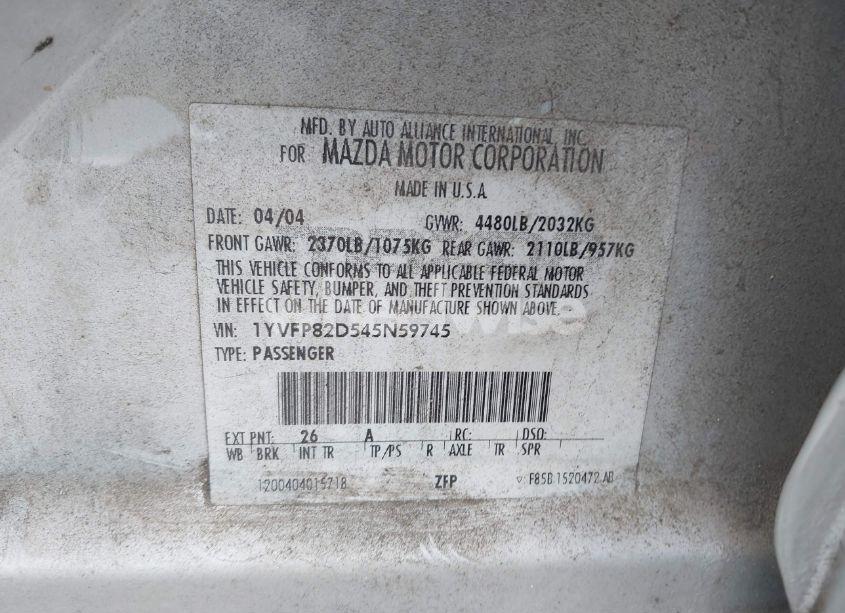 Photo 9 of 2004 Mazda Mazda6 S (VIN 1YVFP82D545N59745)