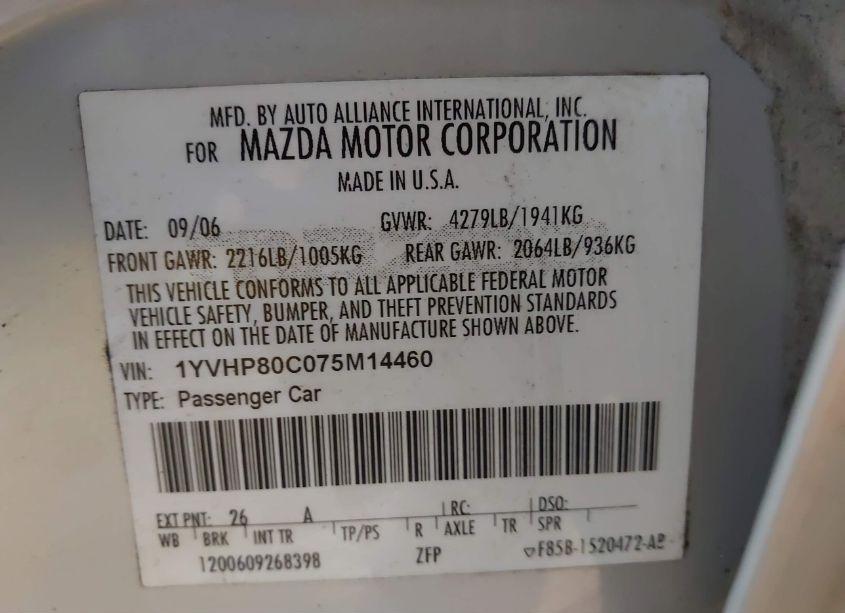 Photo 9 of 2007 Mazda Mazda6 I SPORT VE (VIN 1YVHP80C075M14460)