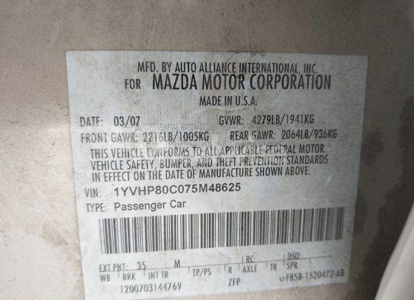 Photo 9 of 2007 Mazda Mazda6 I SPORT VE (VIN 1YVHP80C075M48625)