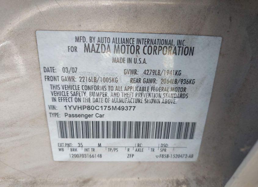 Photo 9 of 2007 Mazda Mazda6 I SPORT VE (VIN 1YVHP80C175M49377)