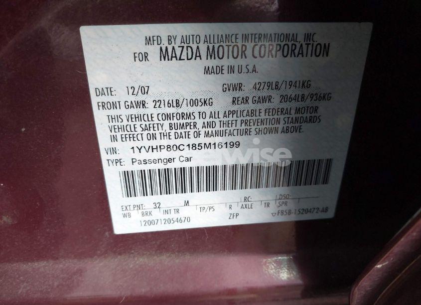 Photo 9 of 2008 Mazda Mazda6 I SPORT VE (VIN 1YVHP80C185M16199)