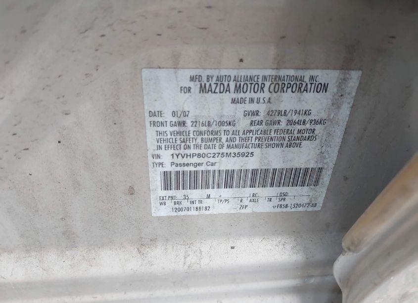 Photo 9 of 2007 Mazda Mazda6 I SPORT VE (VIN 1YVHP80C275M35925)