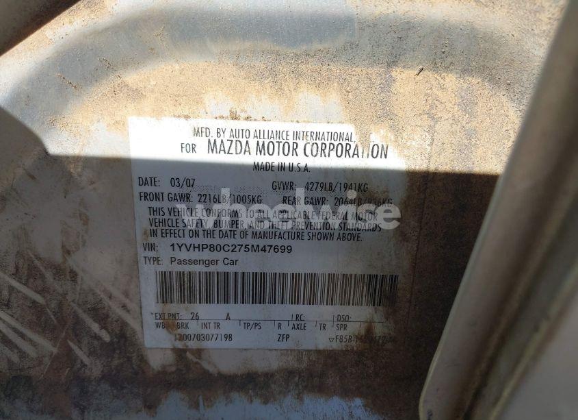 Photo 9 of 2007 Mazda Mazda6 I SPORT VE (VIN 1YVHP80C275M47699)