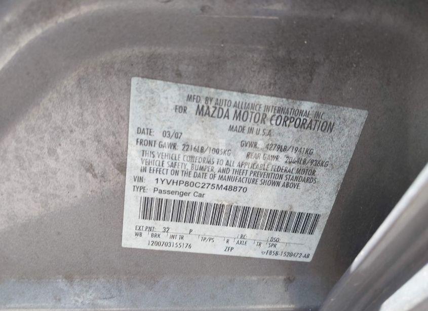 Photo 9 of 2007 Mazda Mazda6 I SPORT VE (VIN 1YVHP80C275M48870)