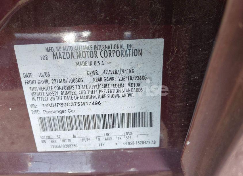 Photo 9 of 2007 Mazda Mazda6 I SPORT (VIN 1YVHP80C375M17496)