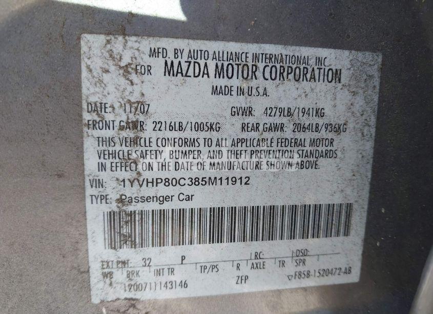 Photo 9 of 2008 Mazda Mazda6 I SPORT VE (VIN 1YVHP80C385M11912)