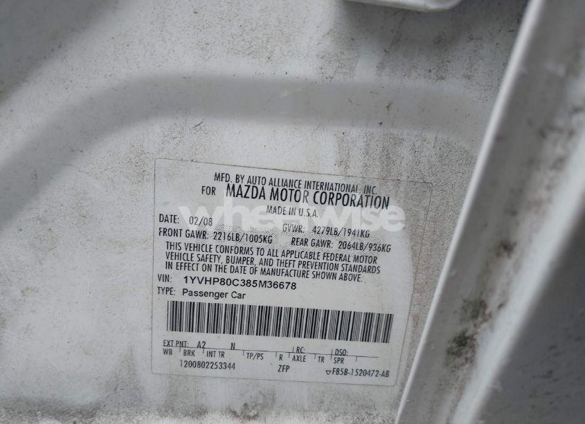 Photo 9 of 2008 Mazda Mazda6 I SPORT VE (VIN 1YVHP80C385M36678)
