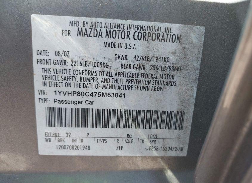 Photo 9 of 2007 Mazda Mazda6 I SPORT VE (VIN 1YVHP80C475M63841)