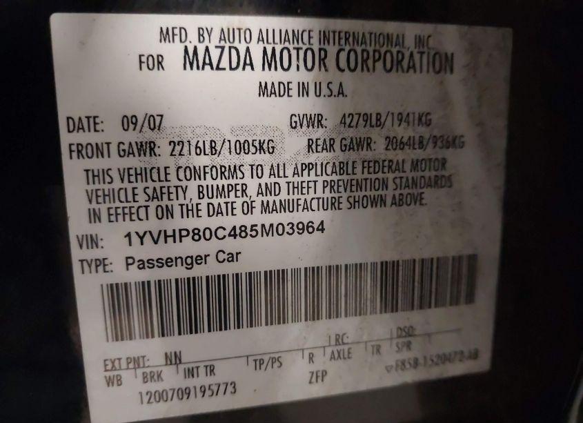 Photo 9 of 2008 Mazda Mazda6 I SPORT VE (VIN 1YVHP80C485M03964)